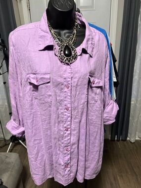 Kim Rogers 100% Linen Lavender Button-Front Women's Shirt - Relaxed Fit 2X